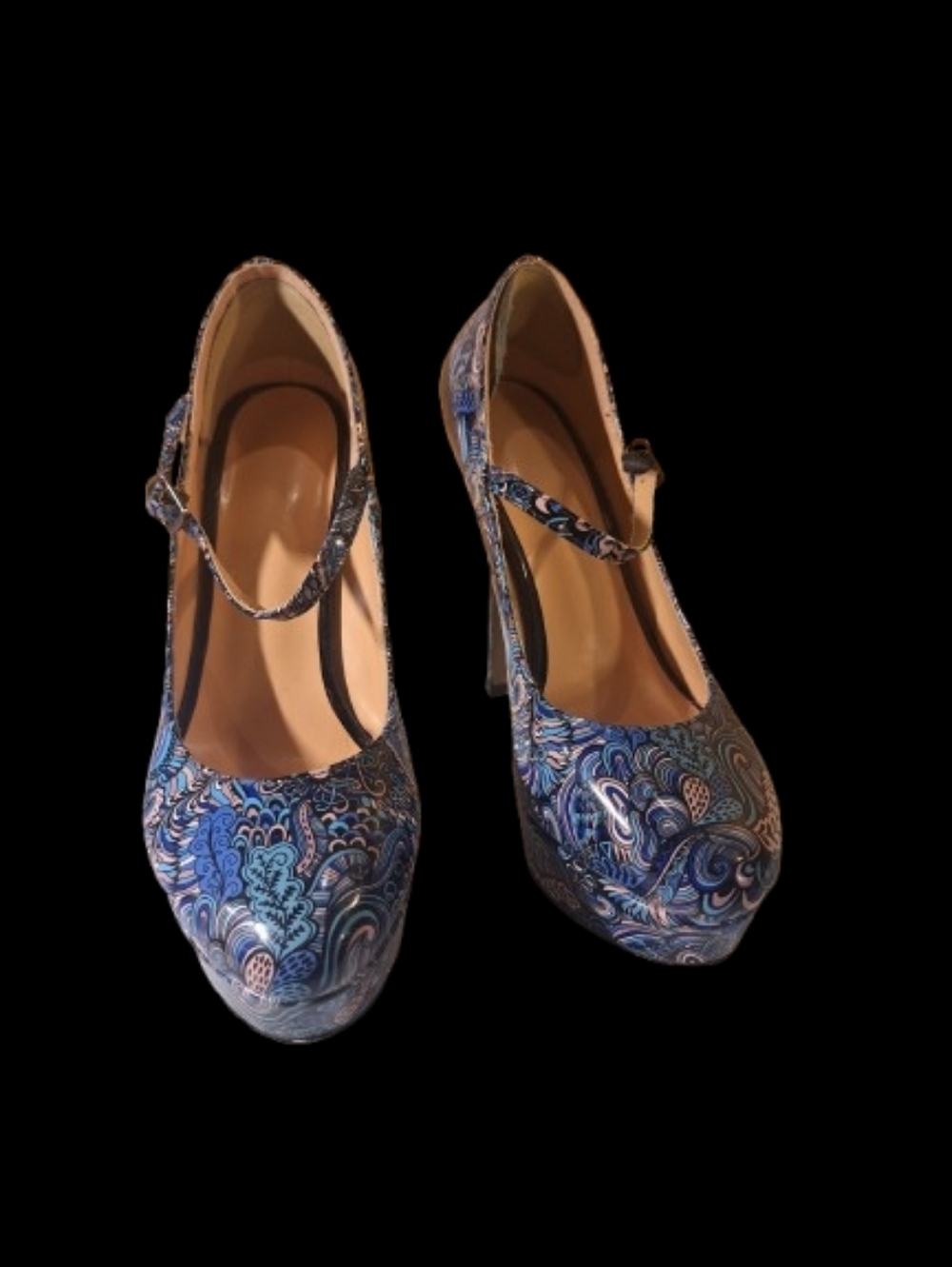 Blue Paisley Mary Jane 5" Heels - Women's Stylish Platform Pumps Size 7.5 Used